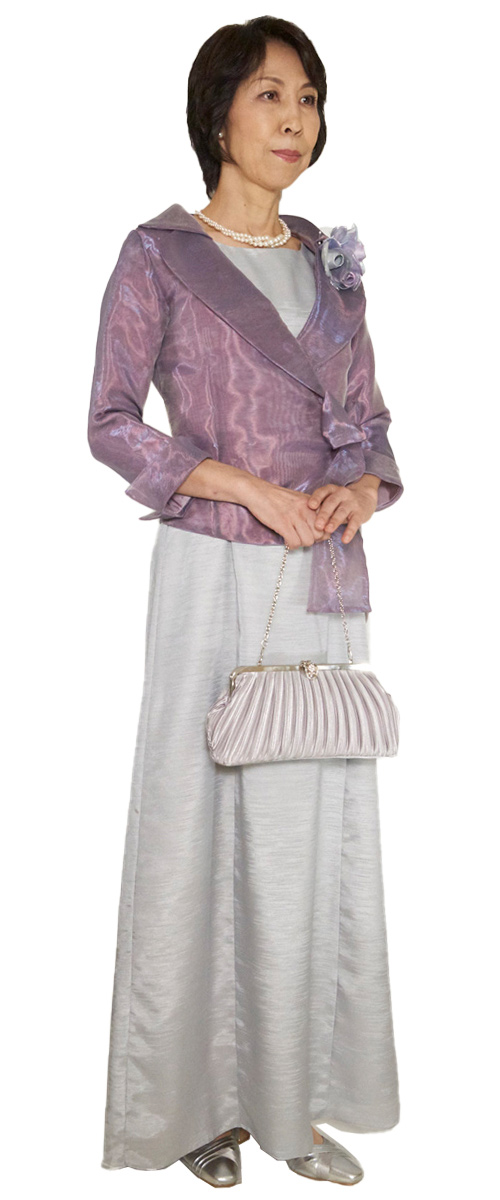 アップタウンブライダル 母親ドレス Set 1704 - 光沢オーガンジーとパープルカシュクールドレスのリボン付きセット・前