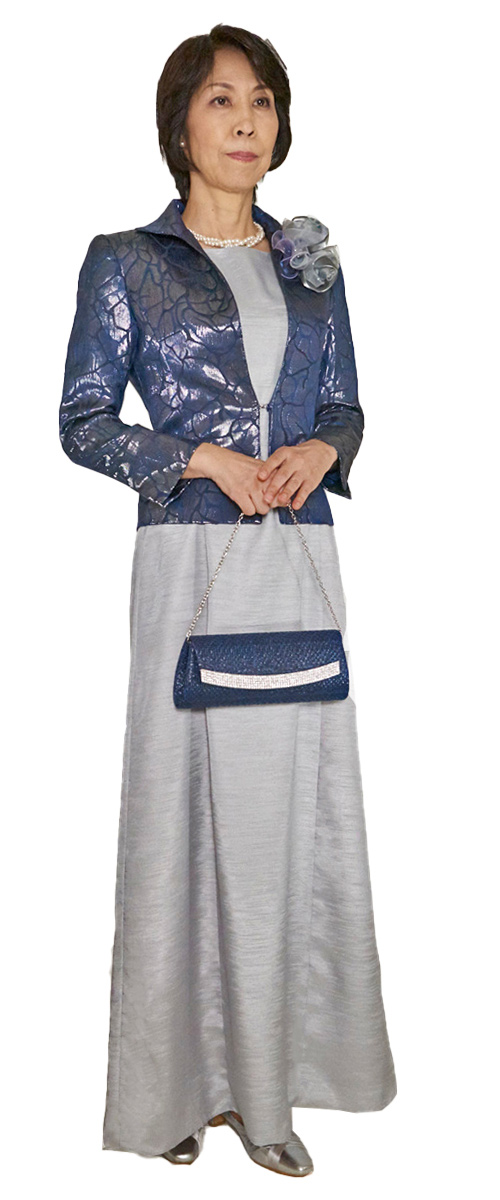 アップタウンブライダル 母親ドレス Set 1705 - 光沢感が魅力的なミッドナイトブルージャガードジャケット・前