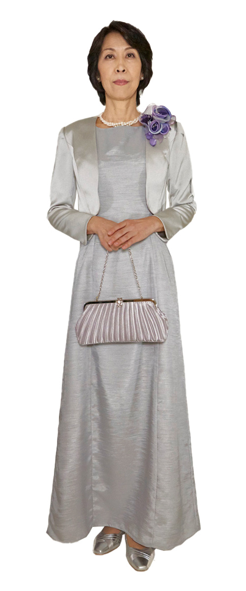 アップタウンブライダル ママドレス Set 1706 | シルバーボレロとフレンチカットドレスのシルバーで正礼装のセット・前