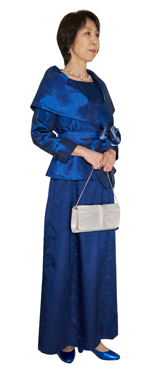 アップタウンブライダル 母親ドレス Set 1712 - シャンタンのフレンチカットドレス＆ブルーのタフタジャケット・前