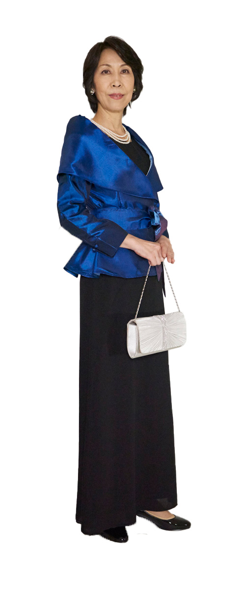 アップタウンブライダル ママドレス Set 1718 | 衿の大きなブルーのカシュクールとシフォン系ドレスのセット・前