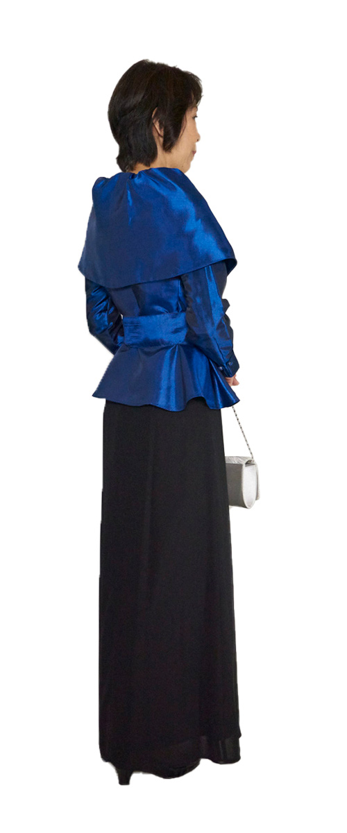 アップタウンブライダル ママドレス Set 1718 | 衿の大きなブルーのカシュクールとシフォン系ドレスのセット・後ろ