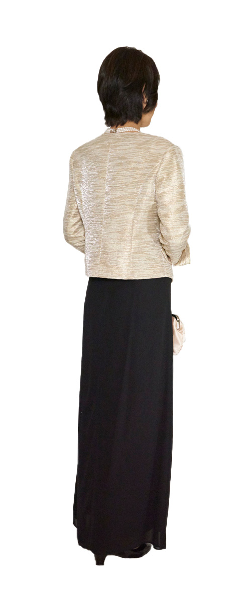 アップタウンブライダル ママドレス Set 1727 - ゴールド糸織り込みジャケットと定番のスタンダードブラックドレス・後ろ