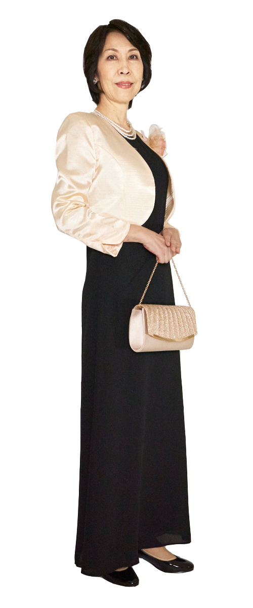 アップタウンブライダル ママドレス Set 1805 - シックな黒ドレスに合わせて、白いシフォンボレロセット・前
