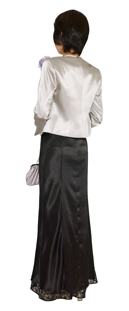 ドレス Set 1904 | 大人の女性のためのシックな黒サテンマーメイドドレス＆シルバージャケットセット・後ろ