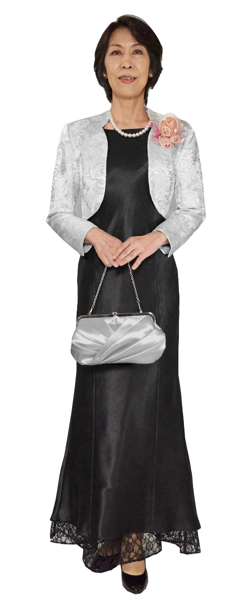 アップタウンブライダル ミセスドレス Set 2104 - シルバージャガードのボレロと黒のサテンマーメイドドレス・前