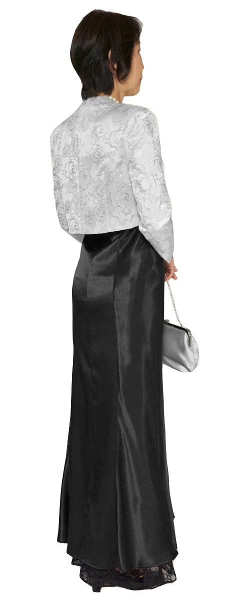 アップタウンブライダル ミセスドレス Set 2104 - シルバージャガードのボレロと黒のサテンマーメイドドレス・後ろ