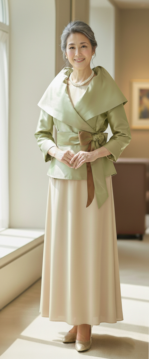 アップタウンブライダル ドレス Set 1721 - 春秋にぴったりのシャンパンカラードレスとグリーンジャケットセット・前