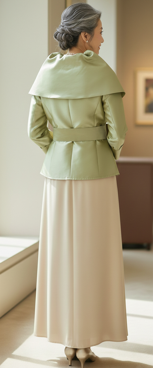 アップタウンブライダル ドレス Set 1721 - 春秋にぴったりのシャンパンカラードレスとグリーンジャケットセット・後ろ