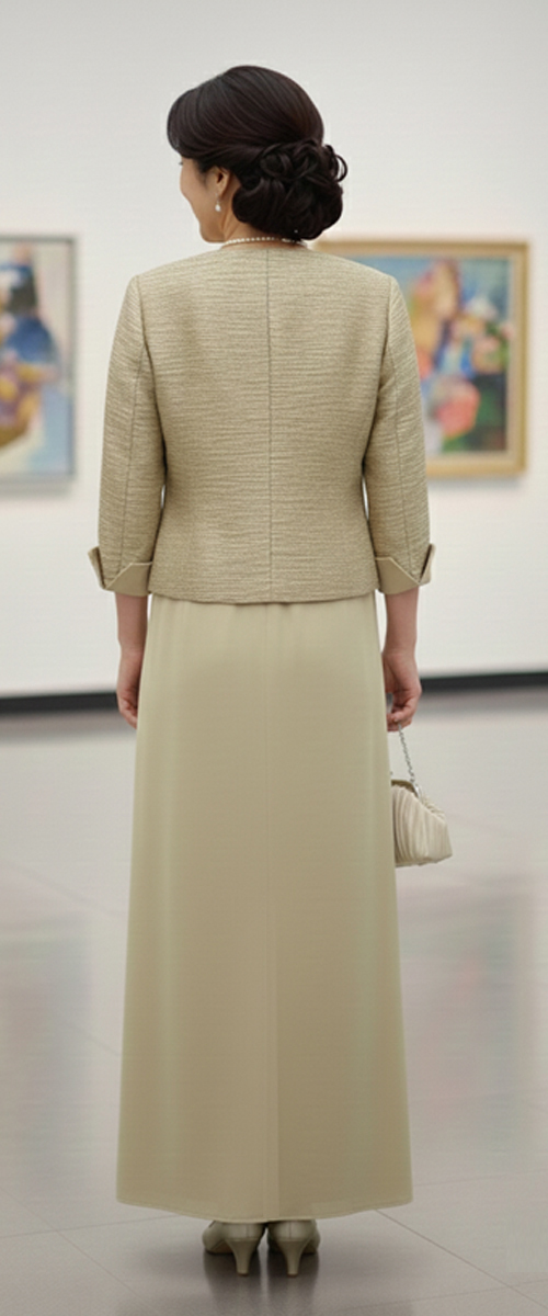 アップタウンブライダル ミセスドレス Set Y-21【旧1729】 - ラメ糸を入りのジョーゼットドレスコーデ【叙勲ご受章者向け】・後ろ