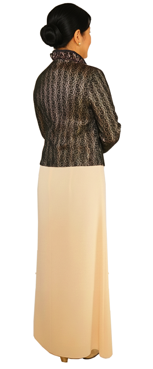 アップタウンブライダル ママドレス Set 1731 - シャンパン色のサテン地にブラックレースを重ねたアンサンブル・後ろ