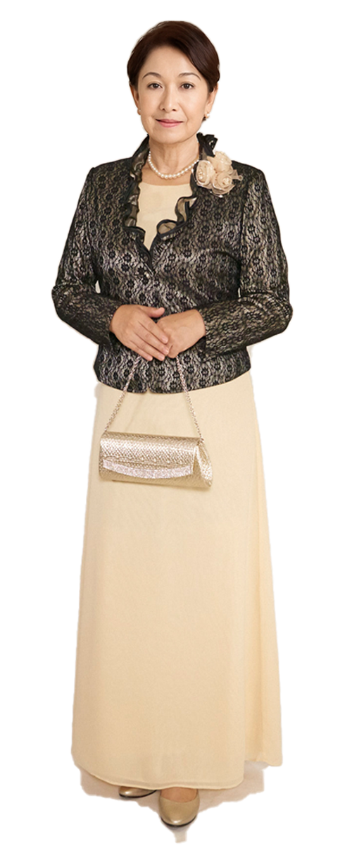 アップタウンブライダル ママドレス Set Y-25 - シャンパン色のサテン地にブラックレースを重ねたアンサンブル・前