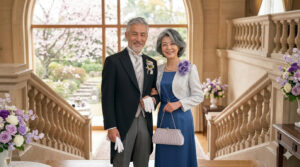 ホテルの大階段で微笑む正装のご夫婦。結婚式の父親用モーニングコートと母親用アフタヌーンドレスのレンタルセット「クイックセット」のイメージ。上品なグレーヘアのカップル。
