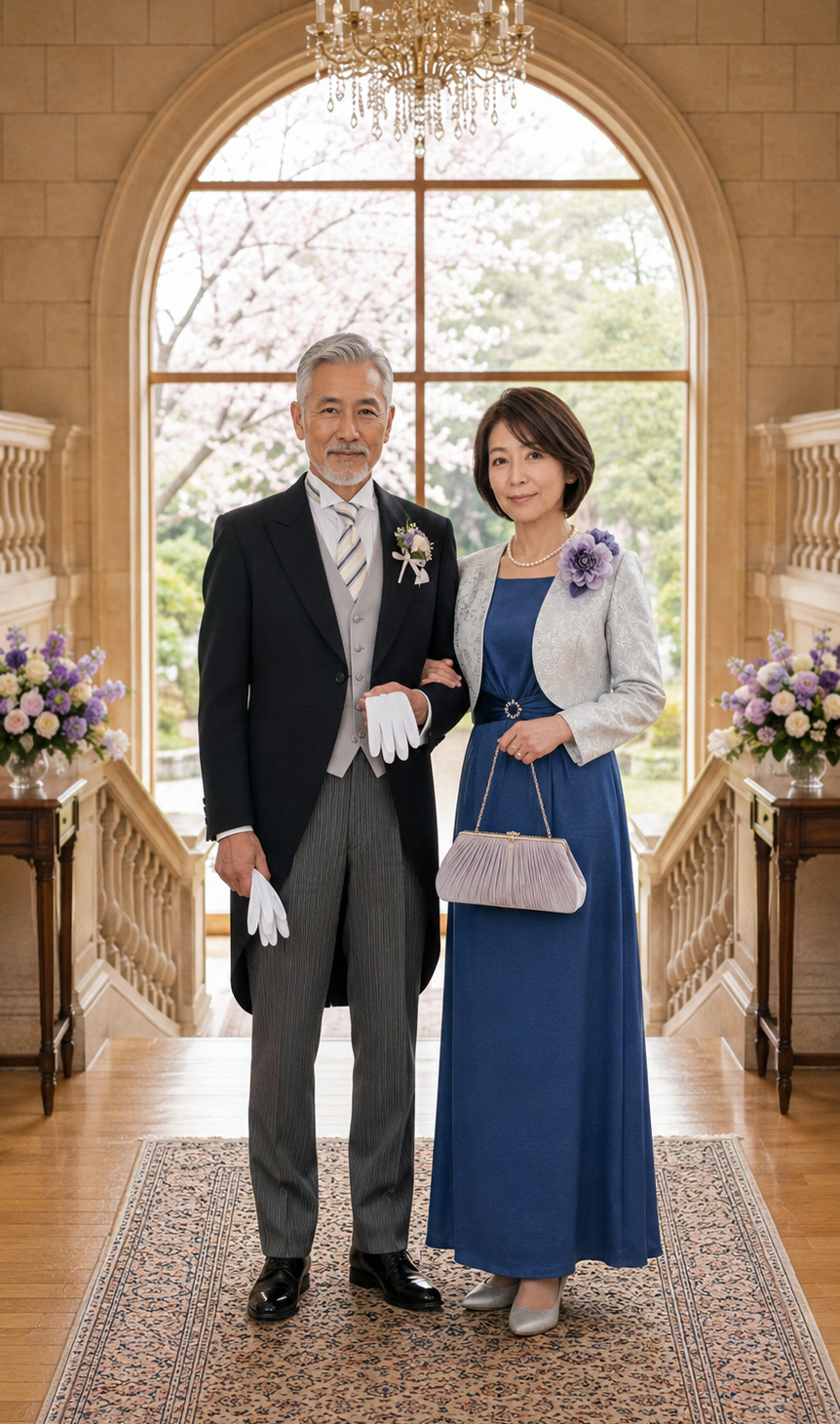 結婚式や叙勲用のご夫婦フォーマルウェア・モーニングとフォーマルドレスの着用例