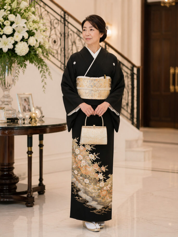 結婚式に出席する母親の黒留袖姿。格式ある黒留袖と華やかな袋帯を着用した50代から60代の女性が、ホテルウェディング会場で上品に佇むフォーマルスタイル。