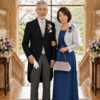 結婚式の両親衣装レンタル。父親のモーニングコートと母親のロングドレスを着用した50代・60代ご夫婦のフォーマルスタイル