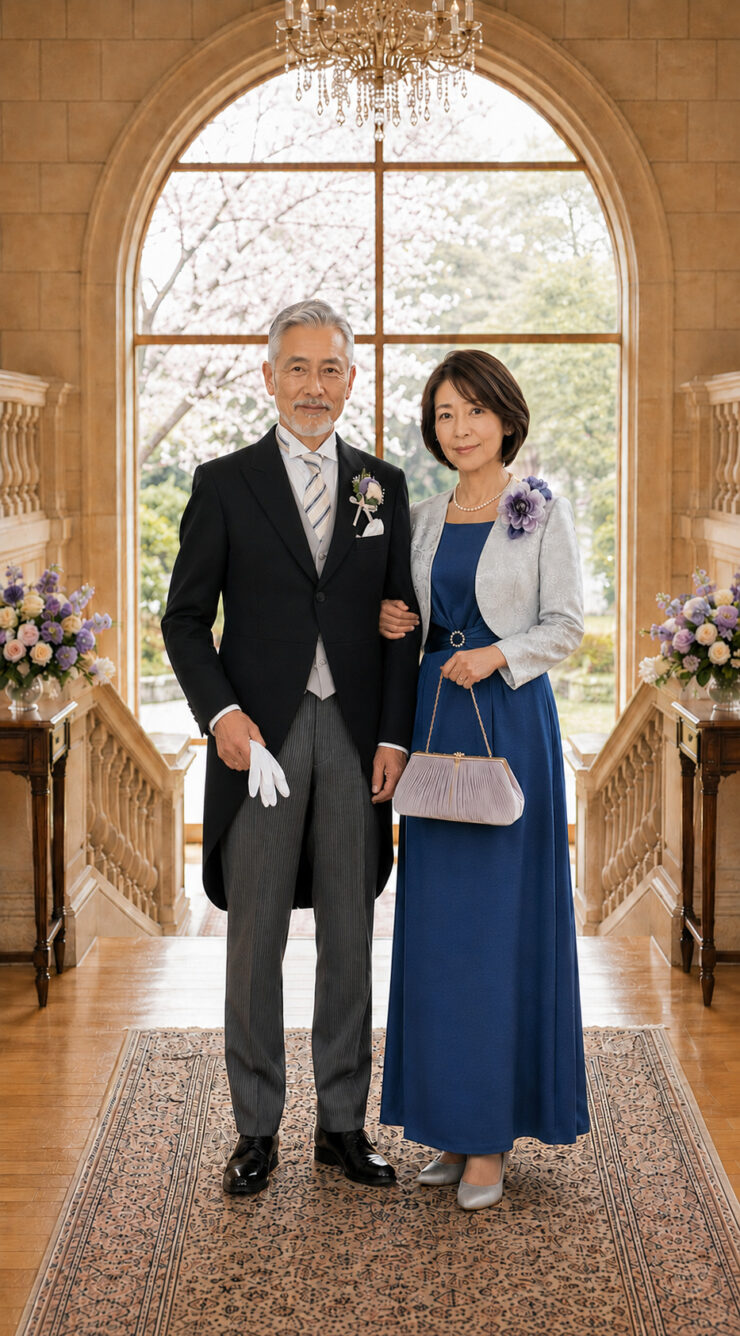 結婚式の両親衣装レンタル。父親のモーニングコートと母親のロングドレスを着用した50代・60代ご夫婦のフォーマルスタイル