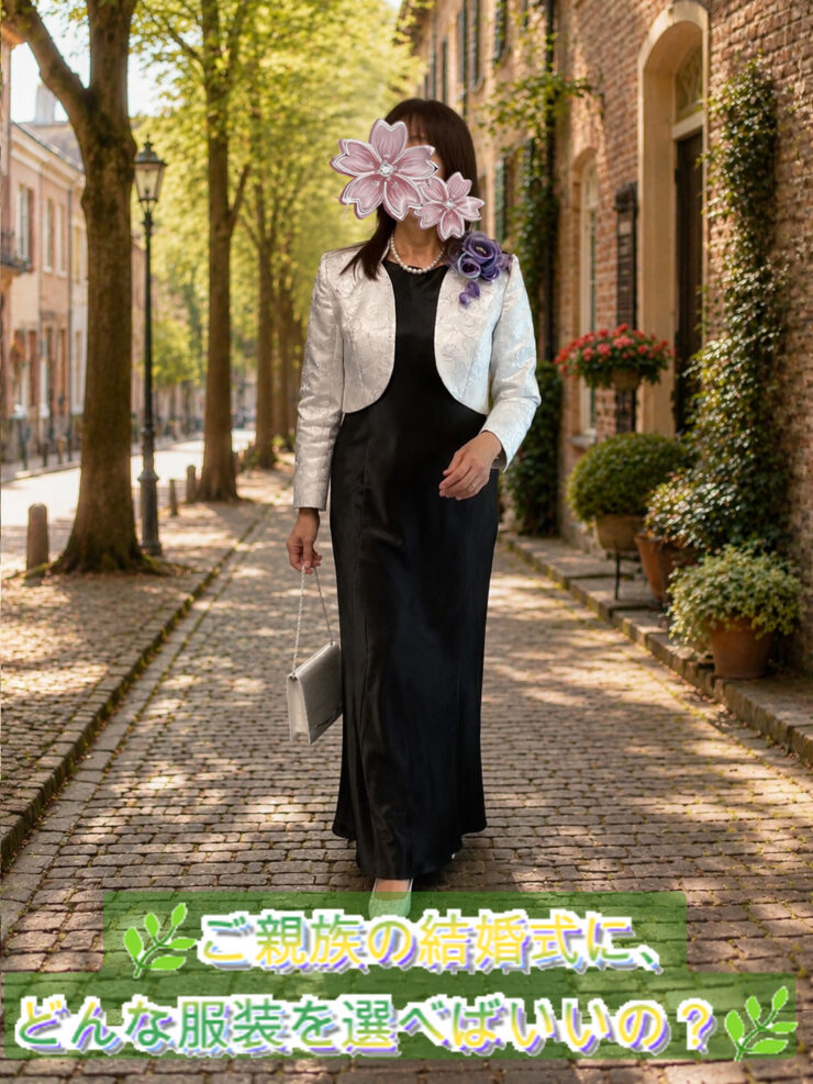 結婚式に出席する50代〜60代の母親向けフォーマルドレスコーディネート。ブラックのロングドレスにシルバーのボレロを合わせた上品な洋装スタイルで、ヨーロッパ風のレンガ通りを歩く女性。